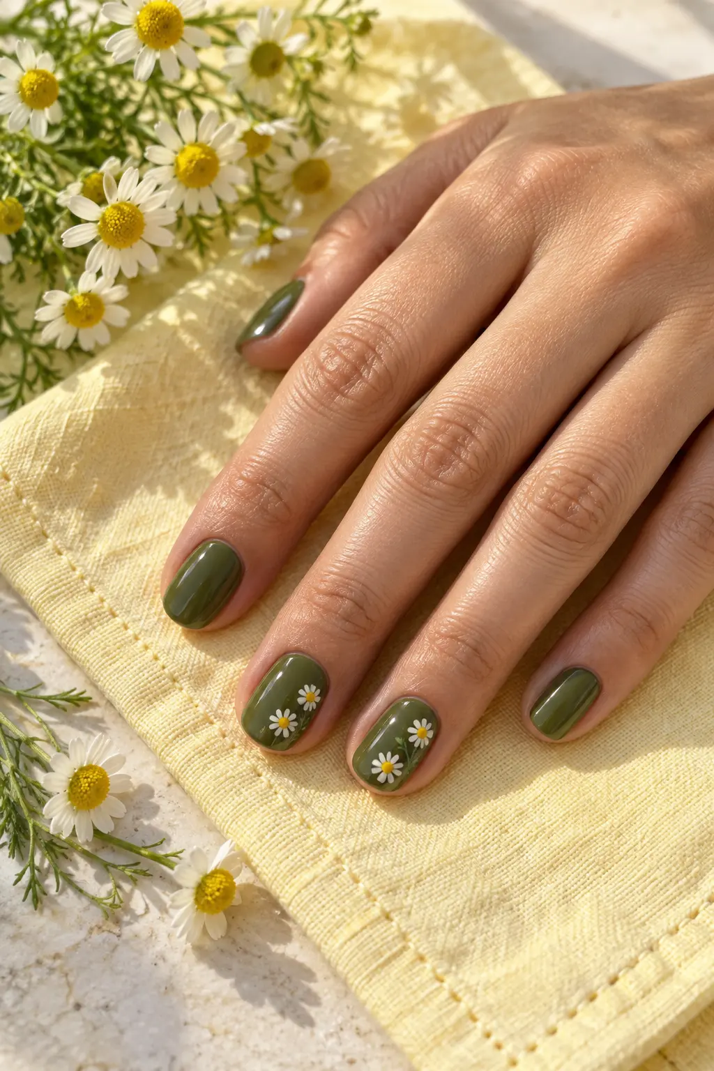 Olive green nails with small cream daisy accent flowers