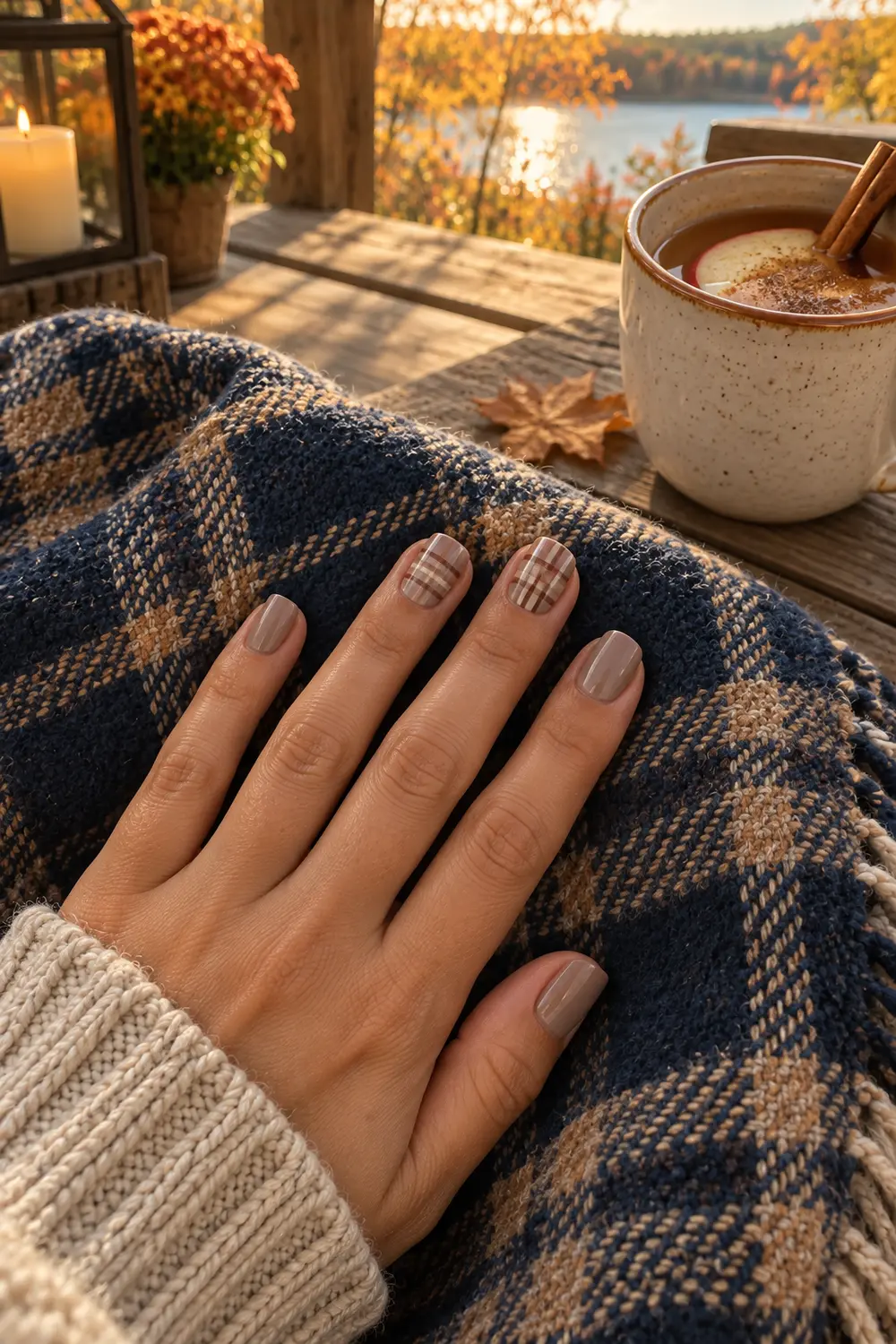 Cashmere taupe manicure with two plaid accent nails on a fall blanket