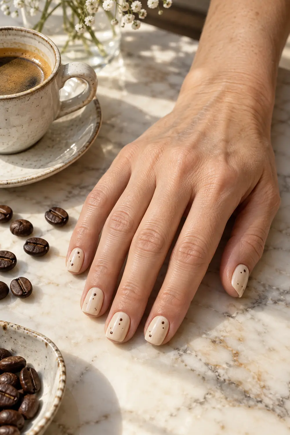 Cream nails with tiny espresso brown dots