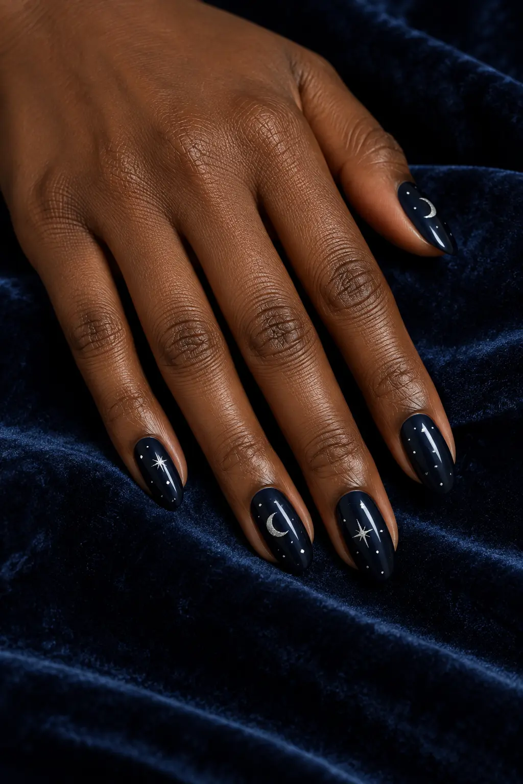 Midnight blue nails with delicate silver moons and stars