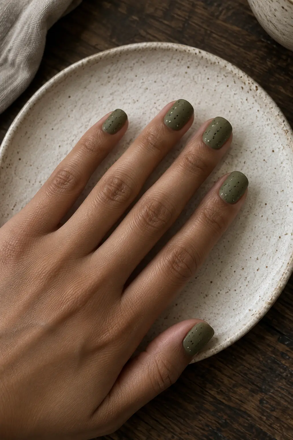 Muted olive green nails with tiny black and cream speckles