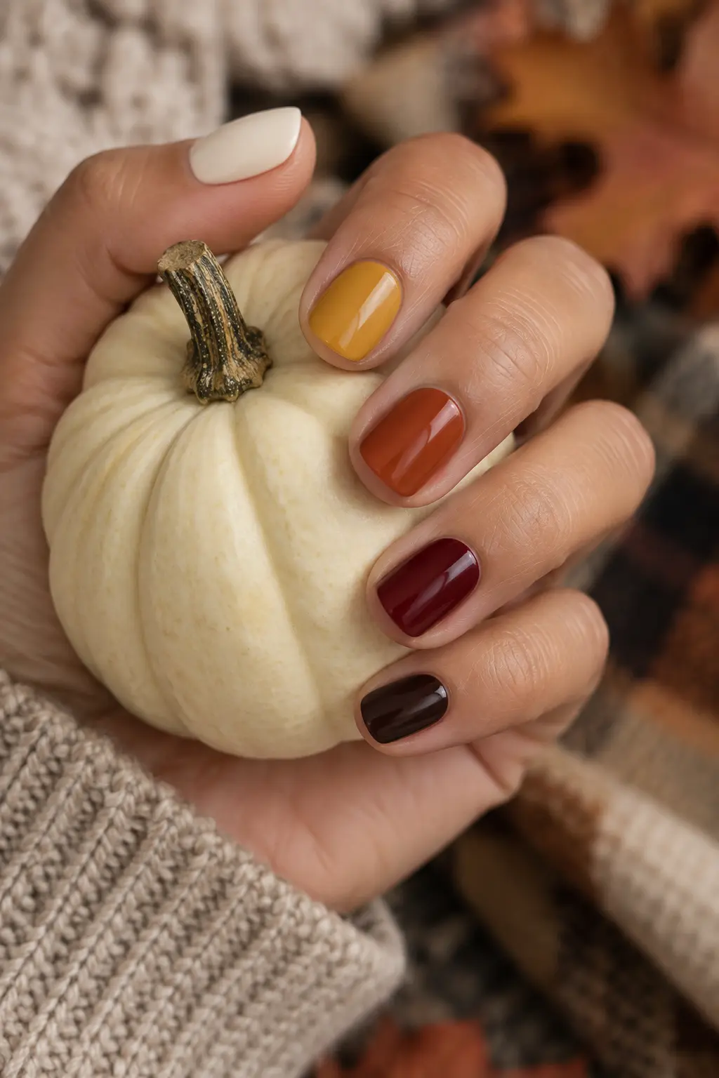 Autumn skittle nails in cream mustard rust burgundy and espresso