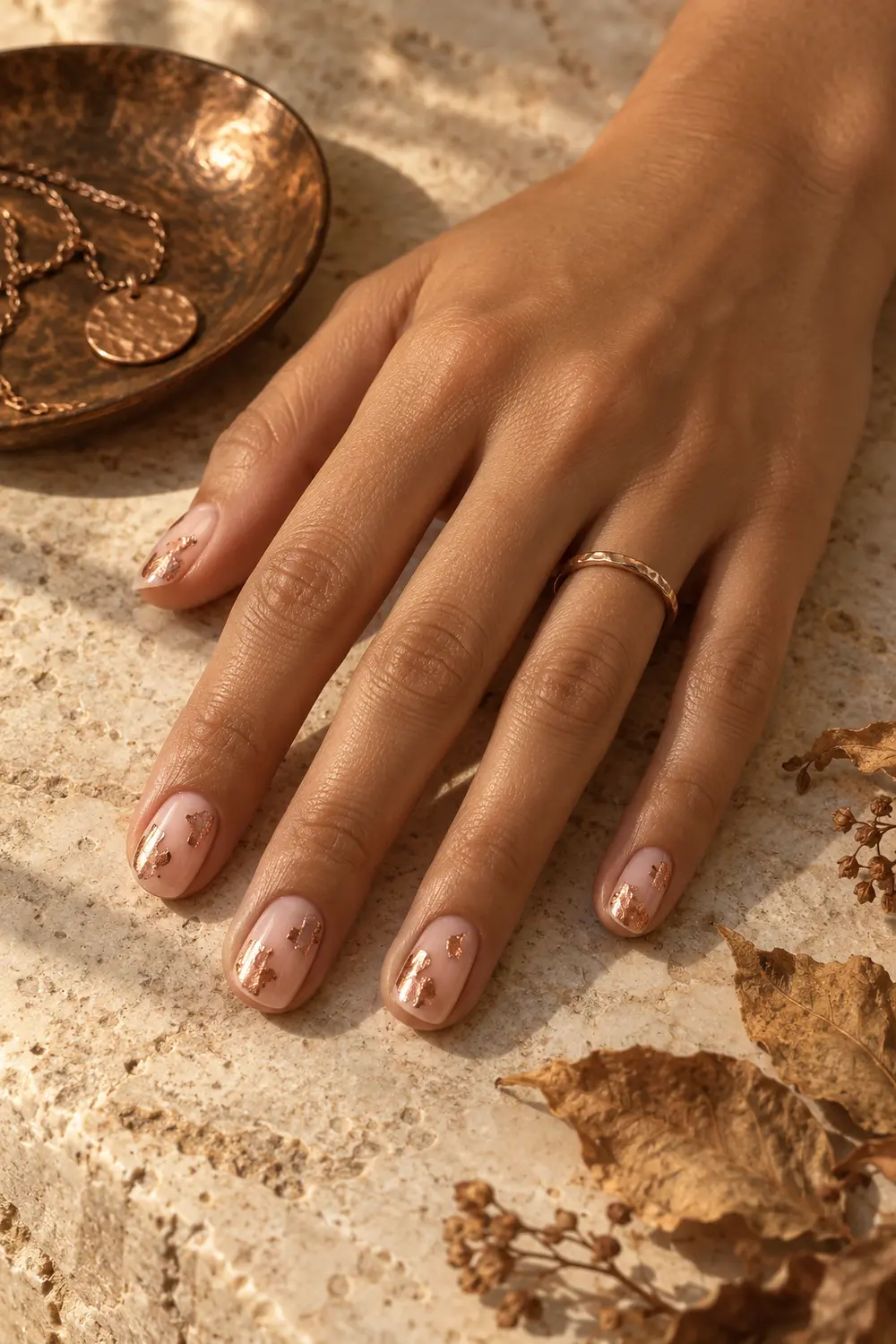 Sheer nude nails with irregular copper foil pieces