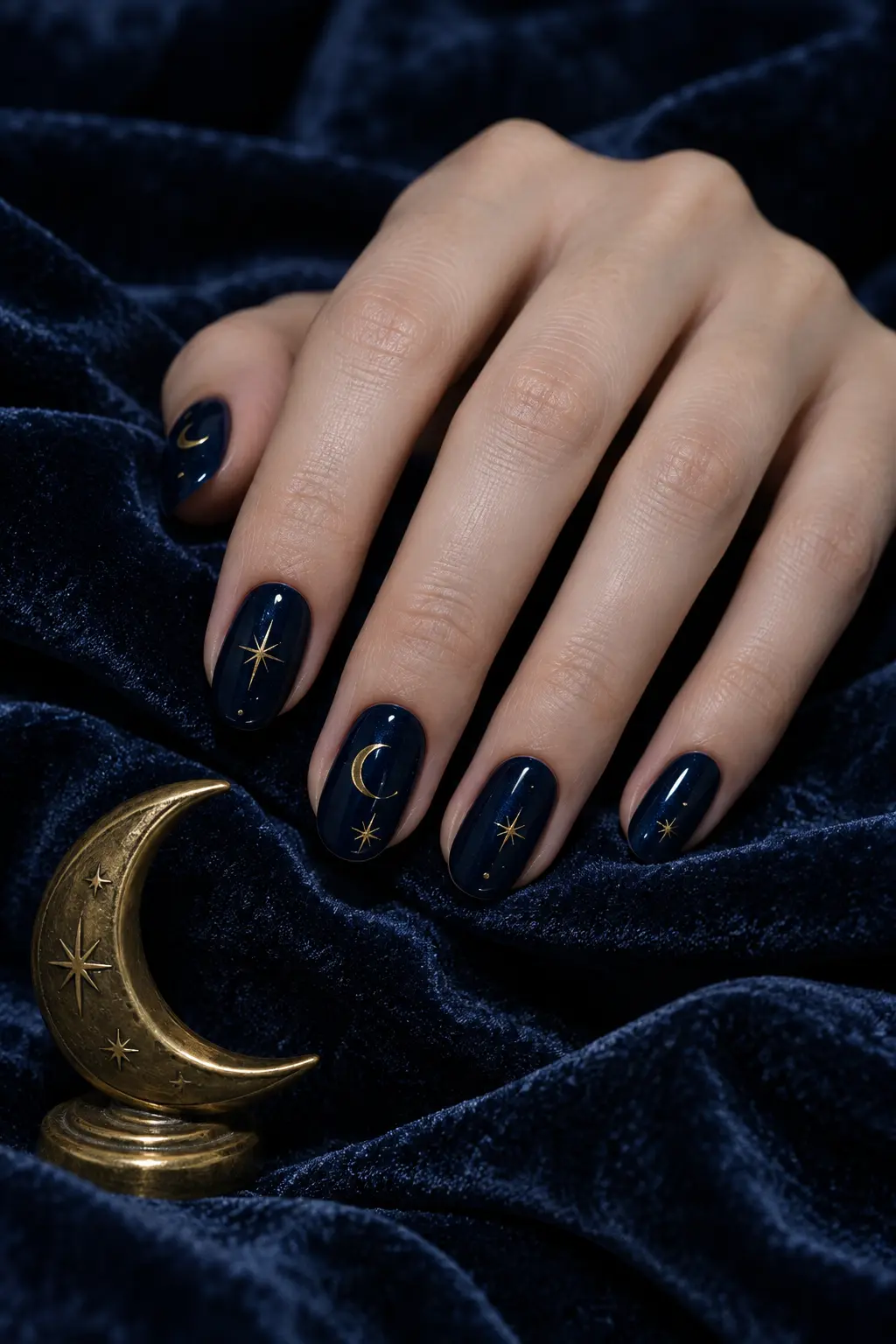 Midnight blue witch nails with delicate gold moons and stars