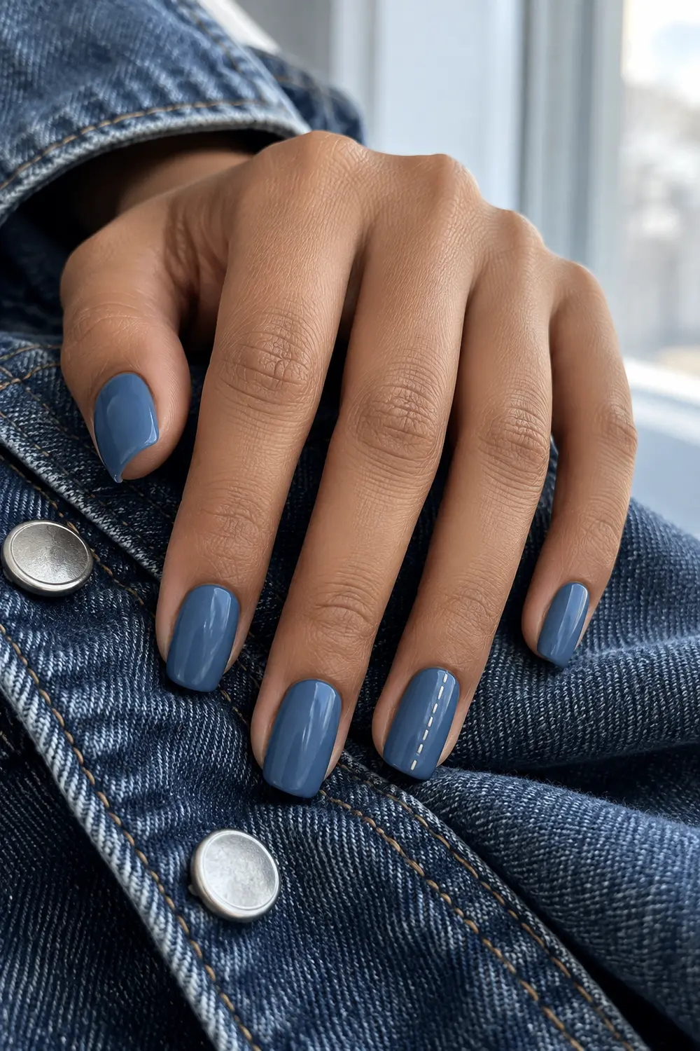 Faded denim blue nails with a cream stitched accent