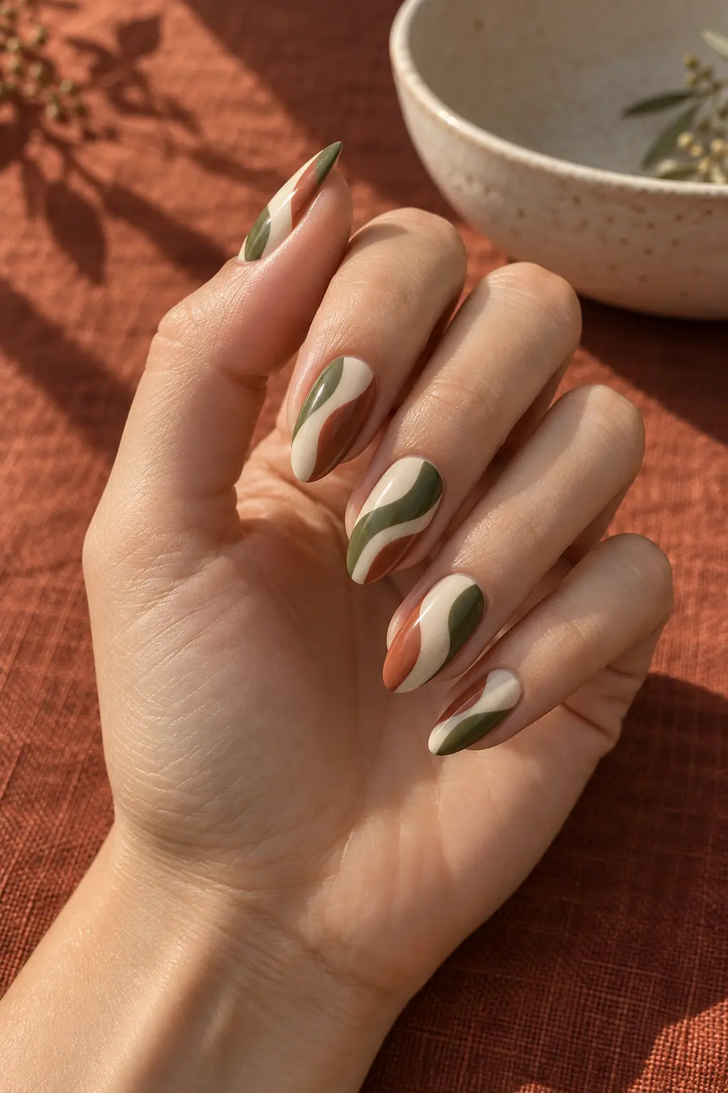 Cream nails with olive green and terracotta abstract waves