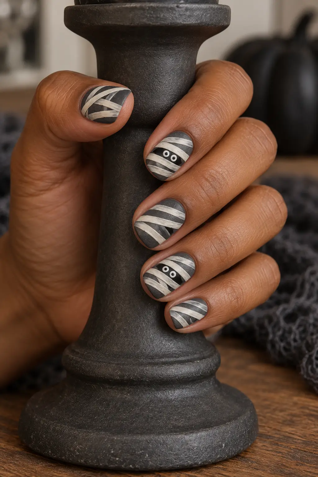 Cute cream mummy wrap Halloween nails with tiny eyes
