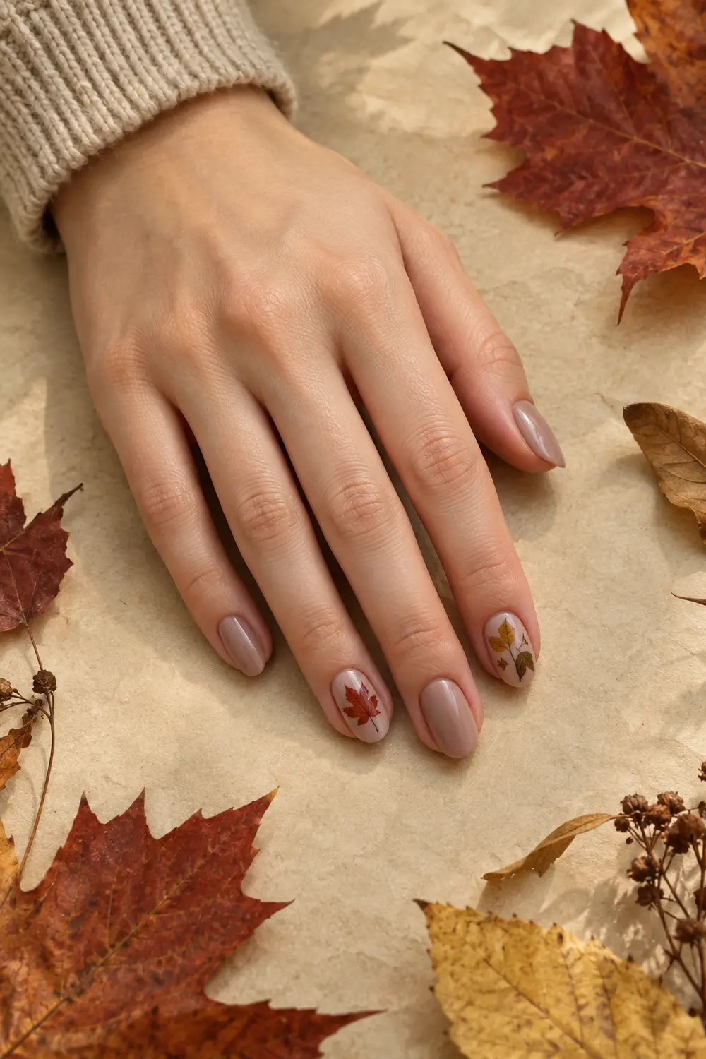 Taupe nude nails with small autumn maple leaf accent art