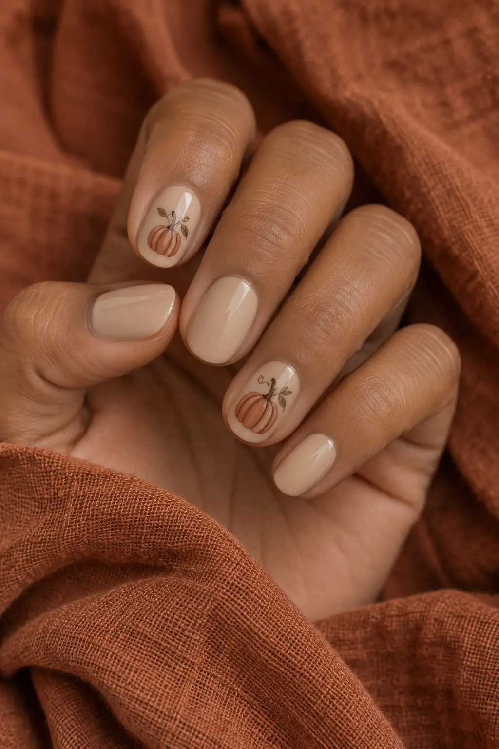 Sheer beige nails with small muted terracotta pumpkin accents
