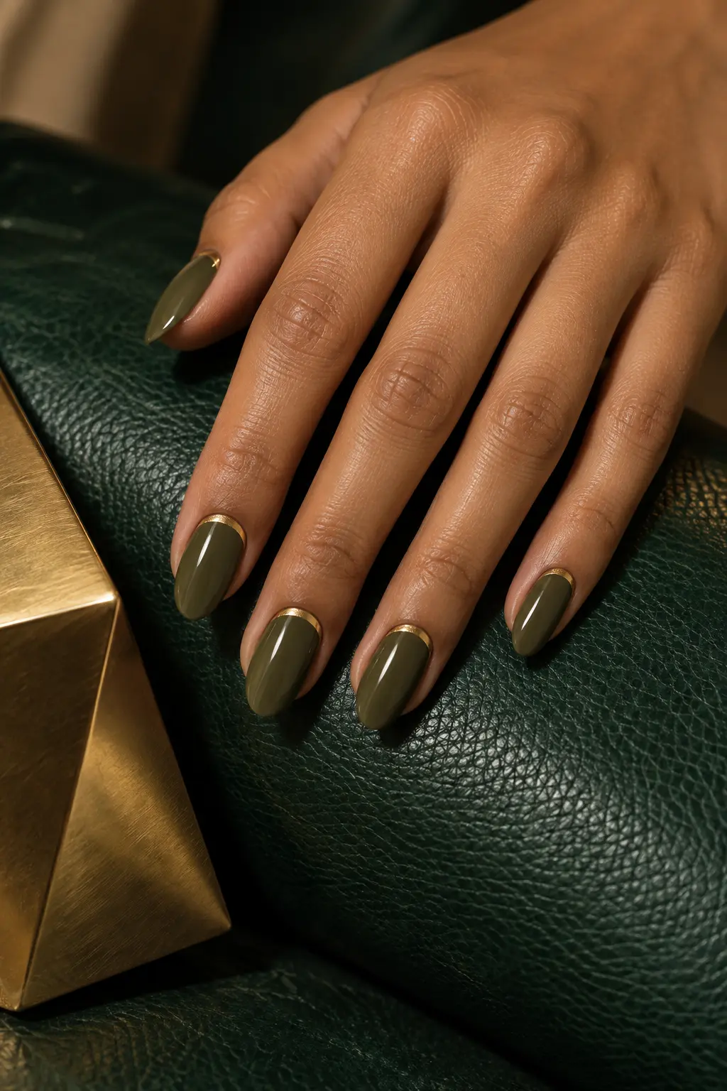 Glossy olive green nails with thin gold cuffs near the cuticles