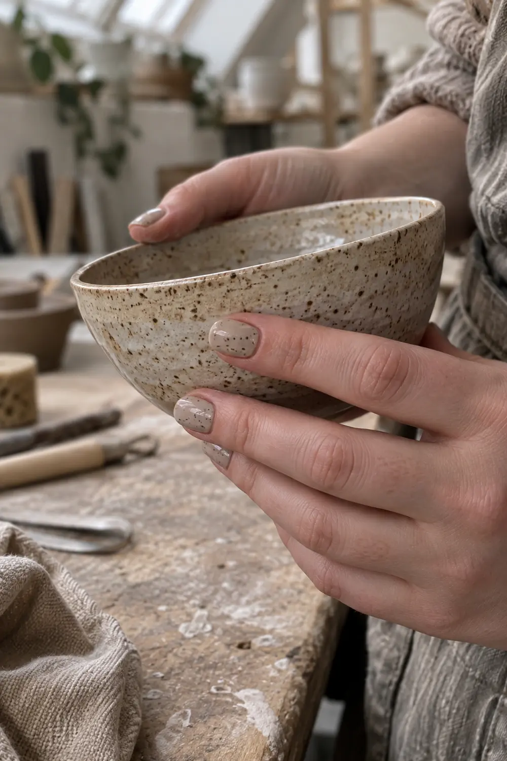 Short speckled cashmere taupe nails inspired by stoneware