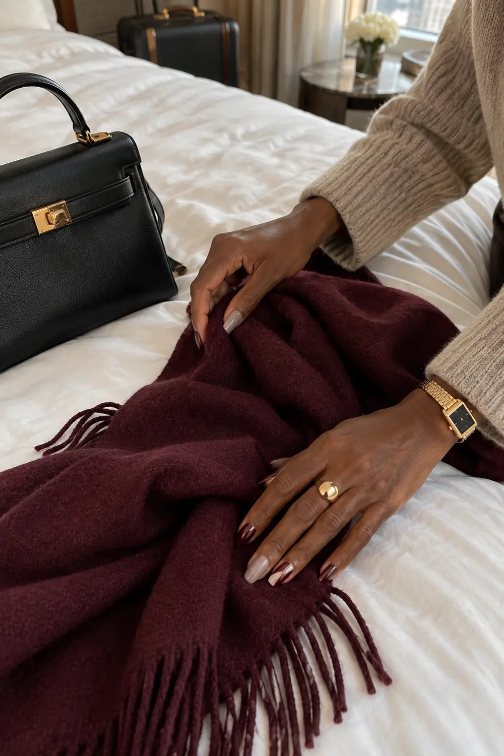 Cashmere taupe and burgundy fall manicure