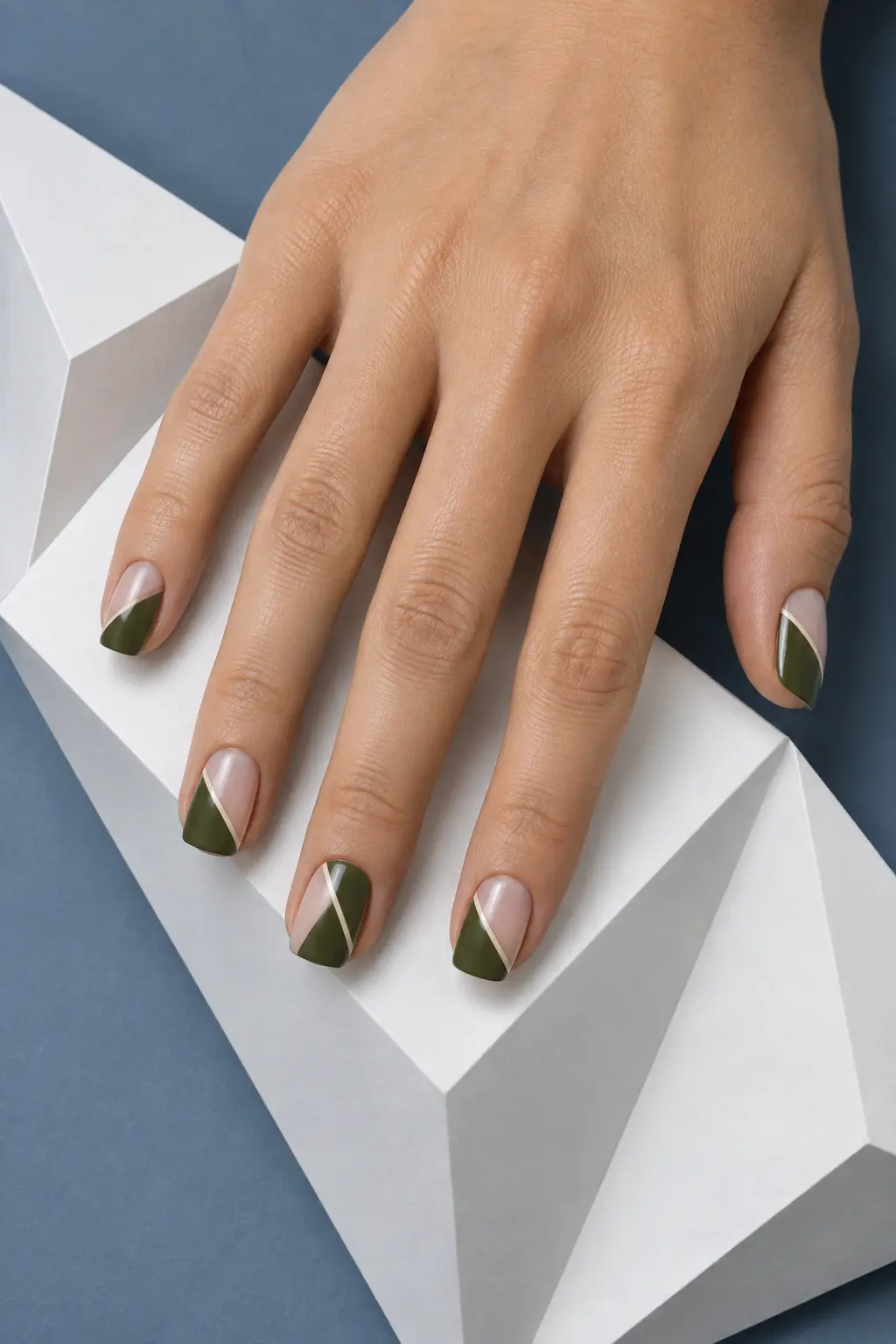 Modern olive green negative space geometric nail art