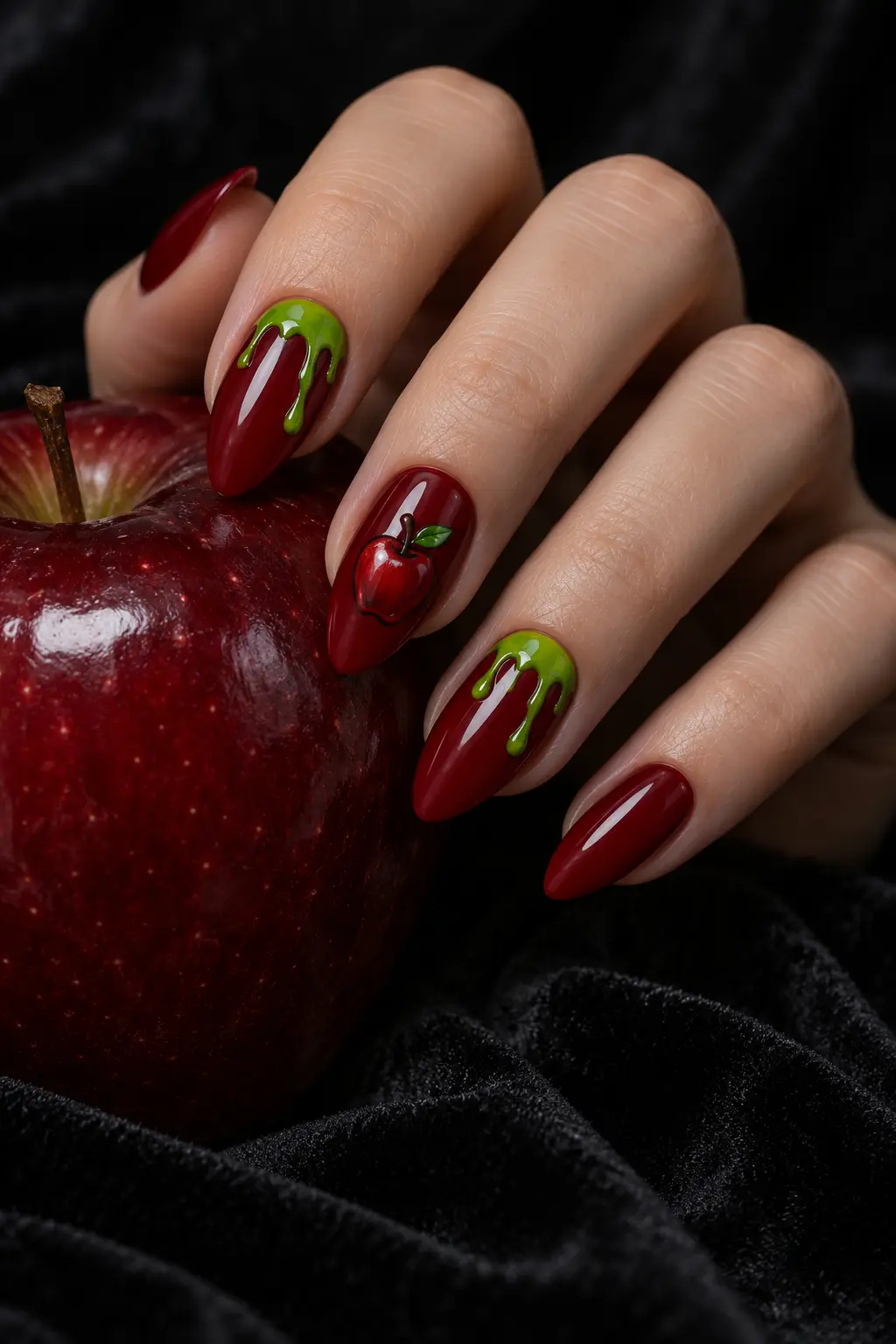 Deep red poison apple nails with glossy acid green drips