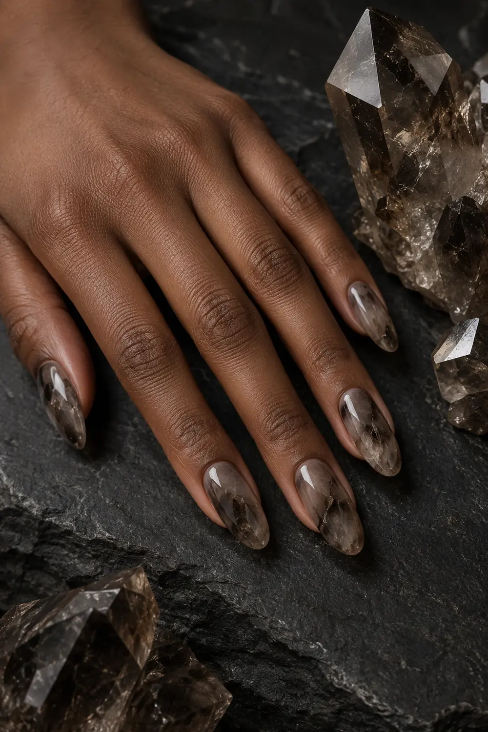 Translucent gray brown smoky quartz nail art