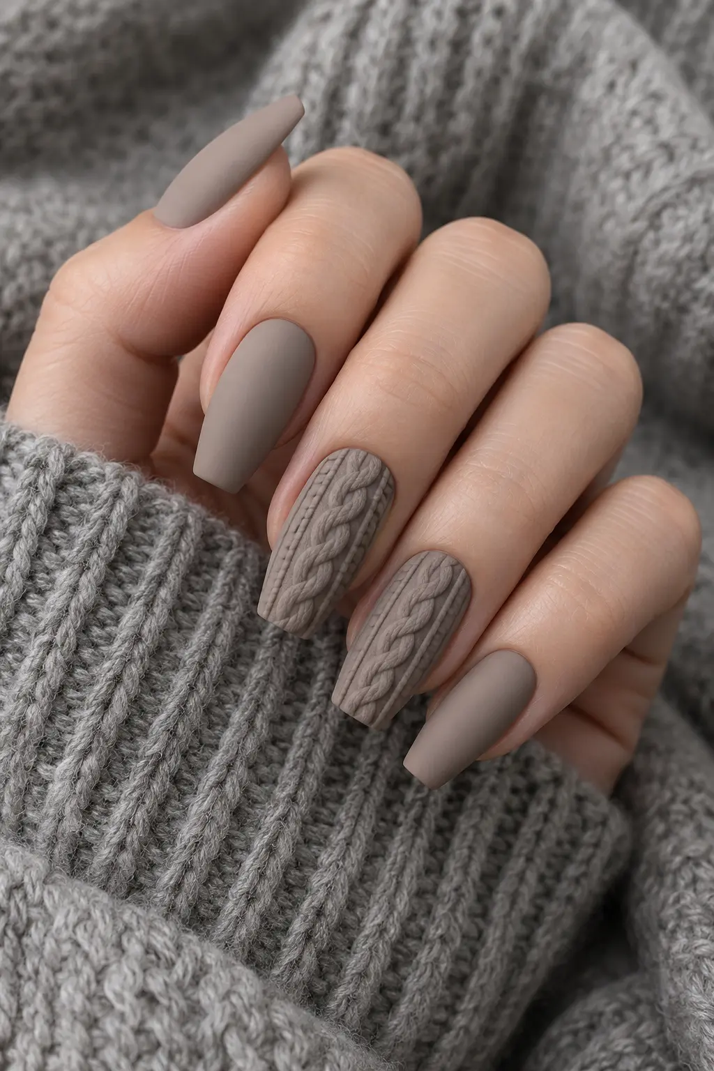 Matte taupe nails with raised cable knit sweater texture