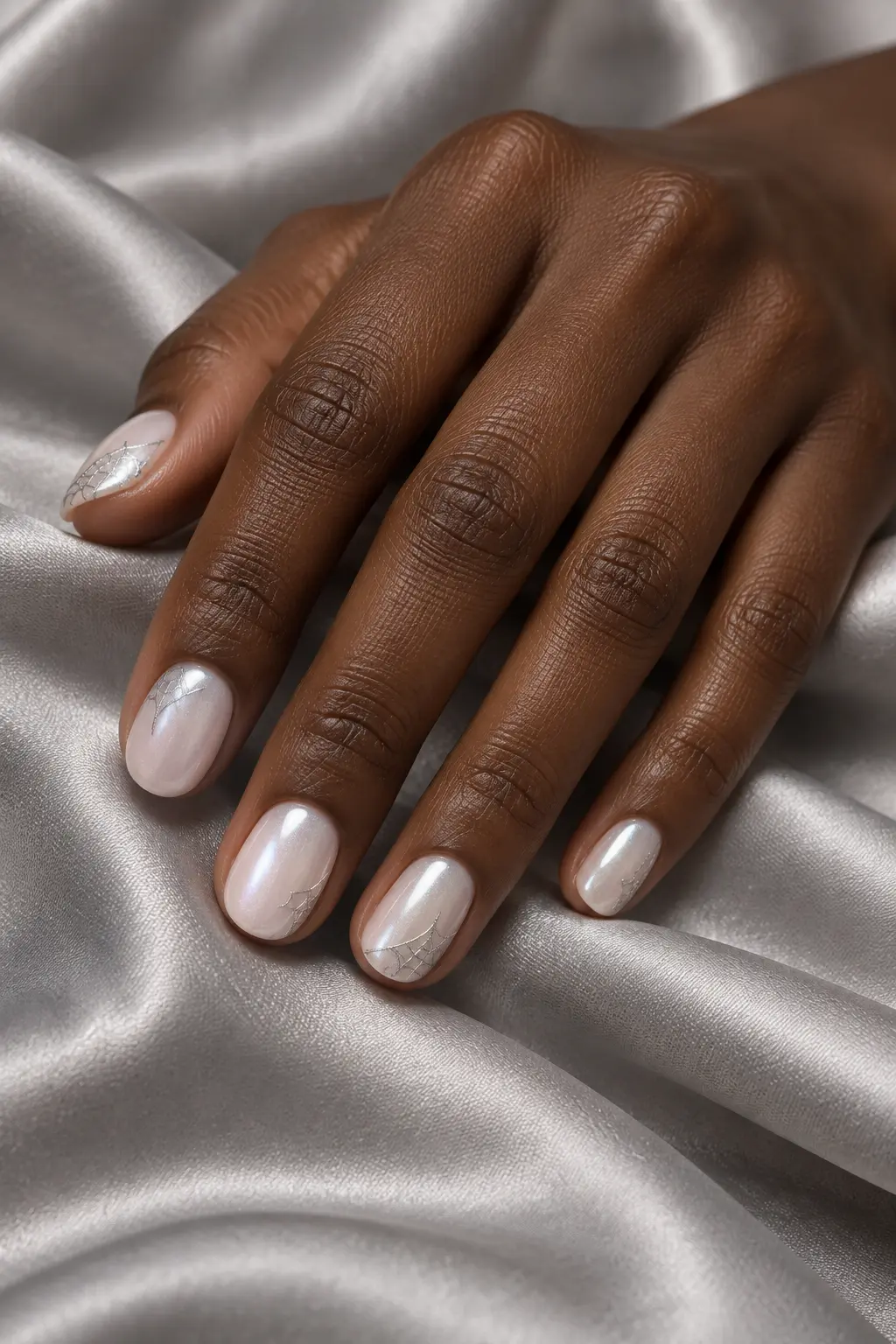Translucent pearl nails with delicate silver cobweb lines