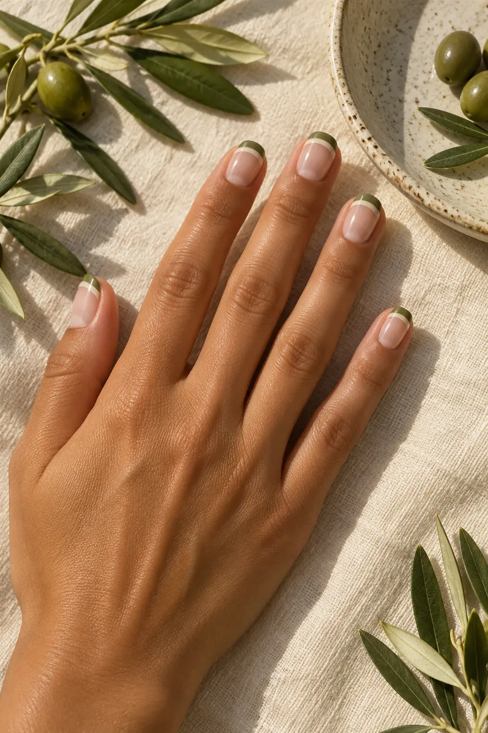 Short nude nails with olive and cream double French tips