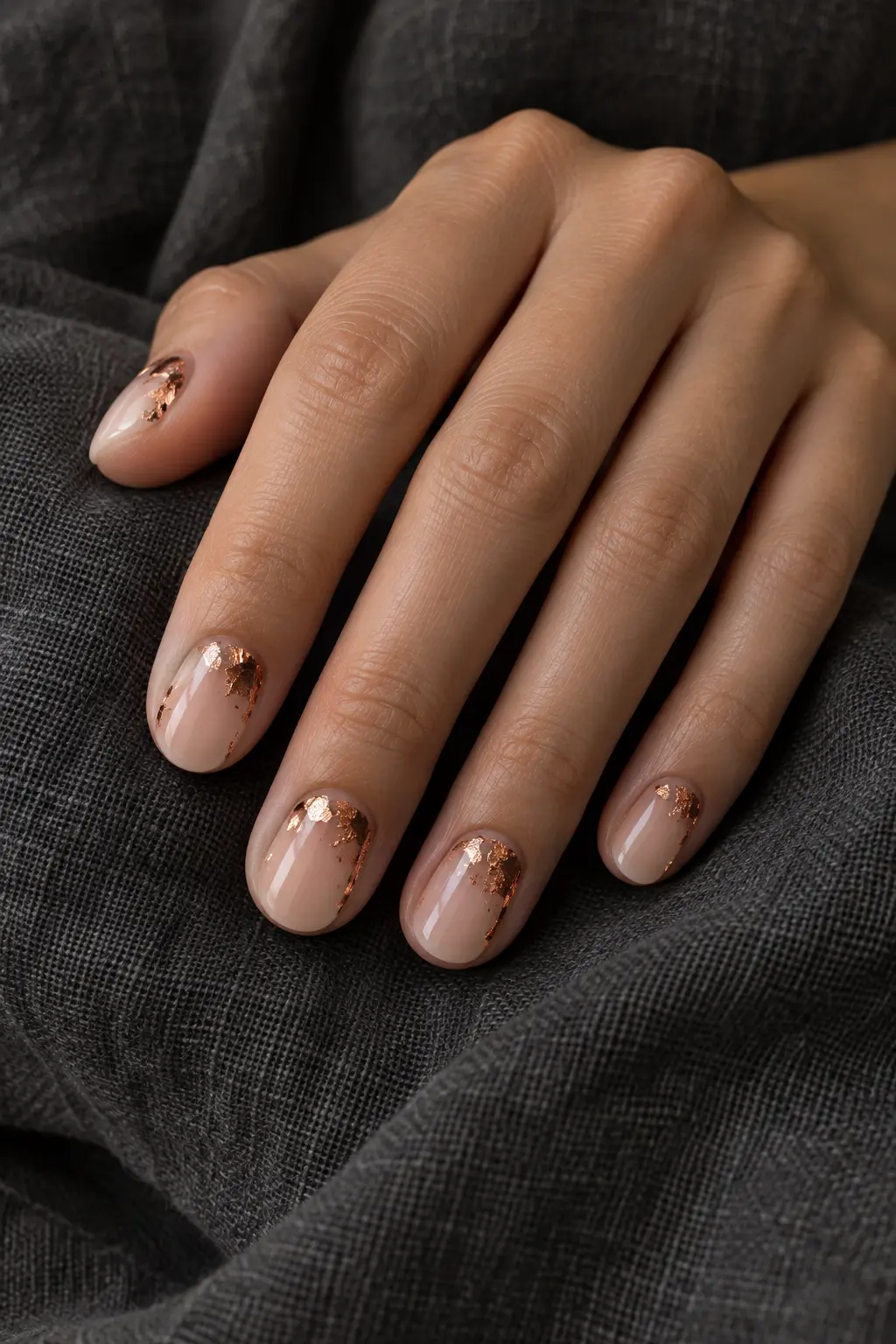 Sheer nude nails with irregular copper foil accents