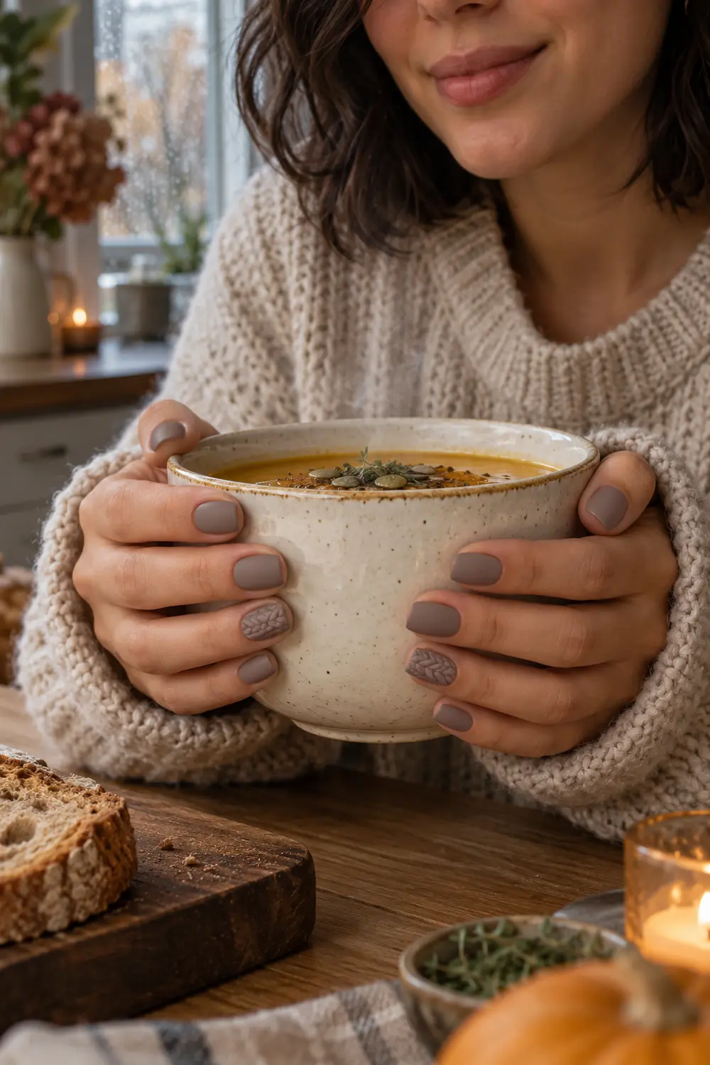 Matte cashmere taupe nails with raised sweater texture accents