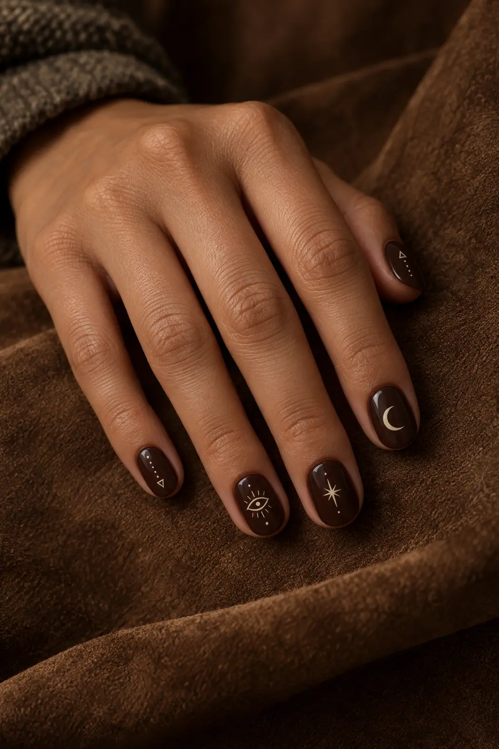 Espresso brown nails with fine cream mystical symbols