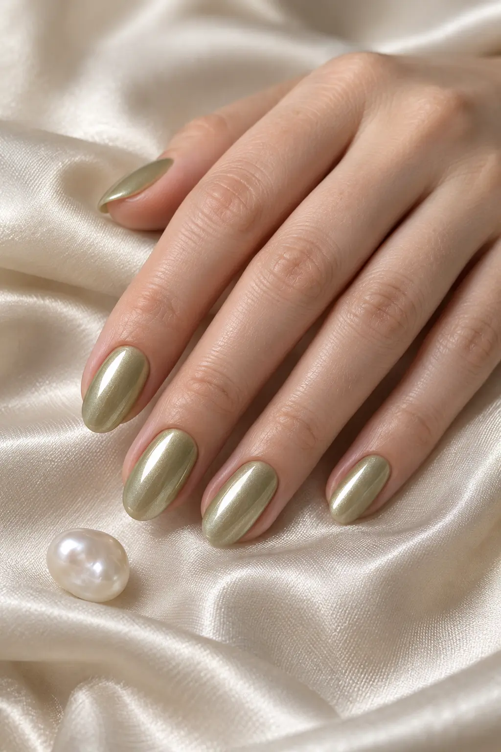Soft olive green nails with a luminous pearl glazed finish