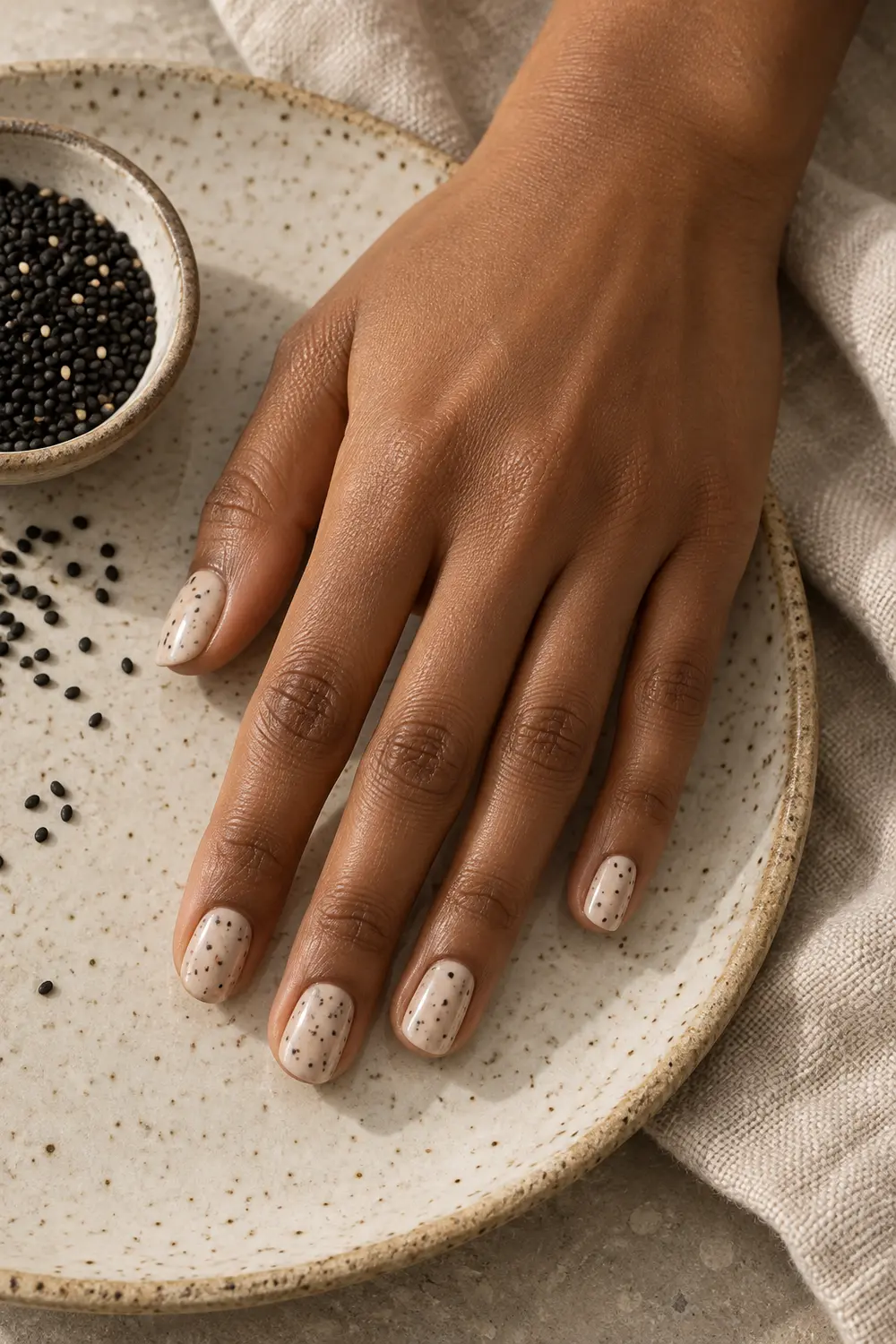 Cream taupe nails with black and brown speckles