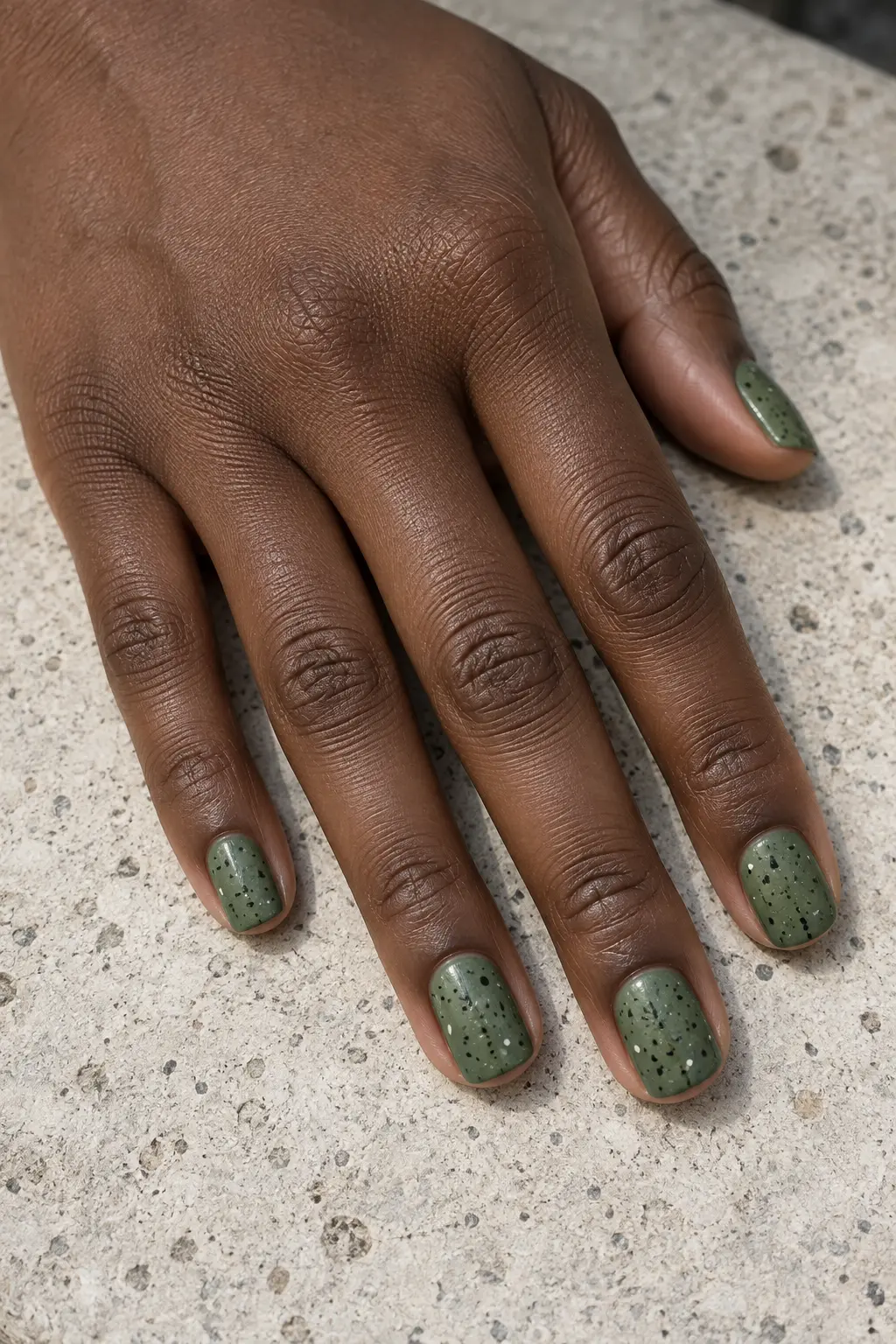 Muted moss green nails with fine black and cream speckles