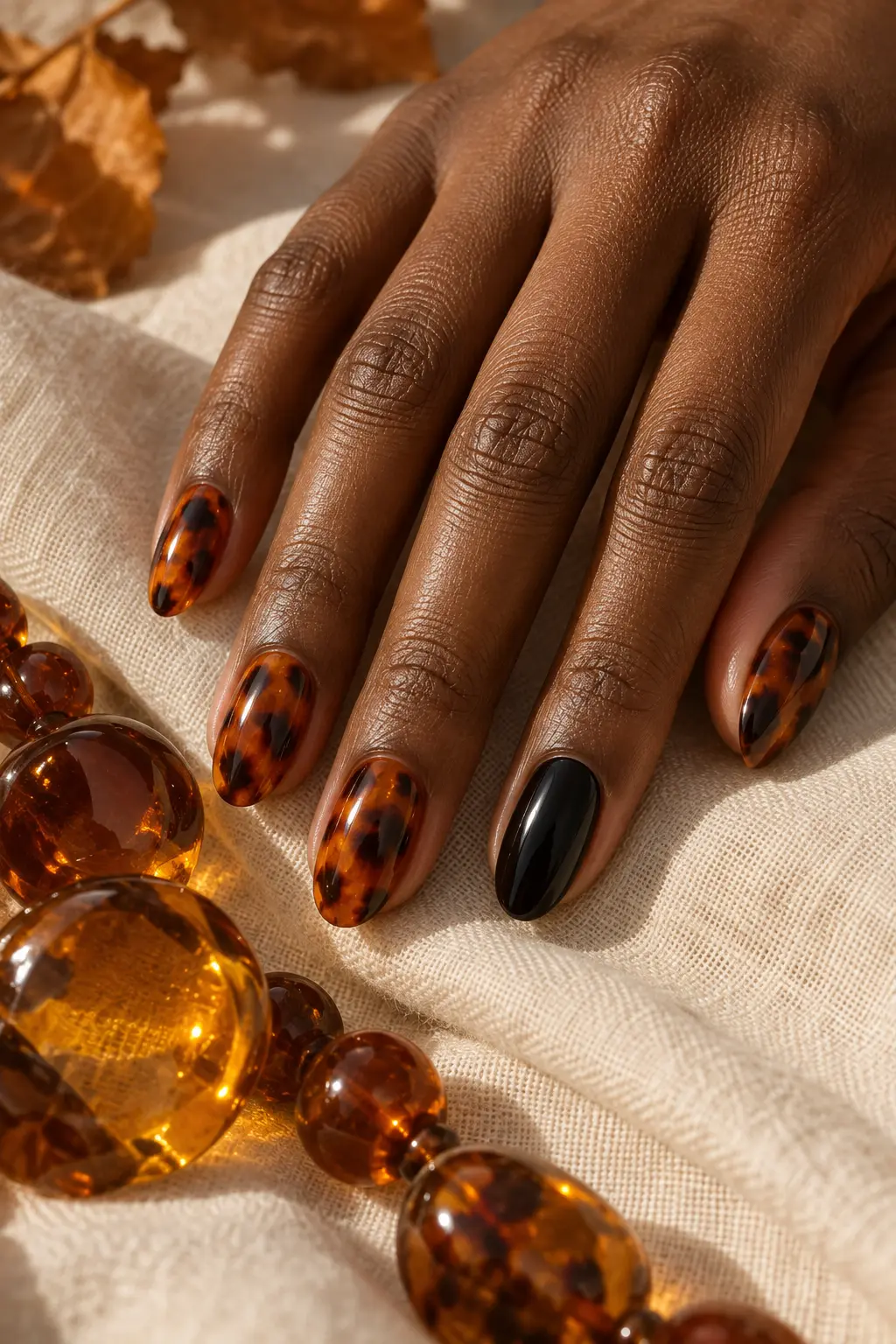 Glossy amber and orange tortoiseshell Halloween nails