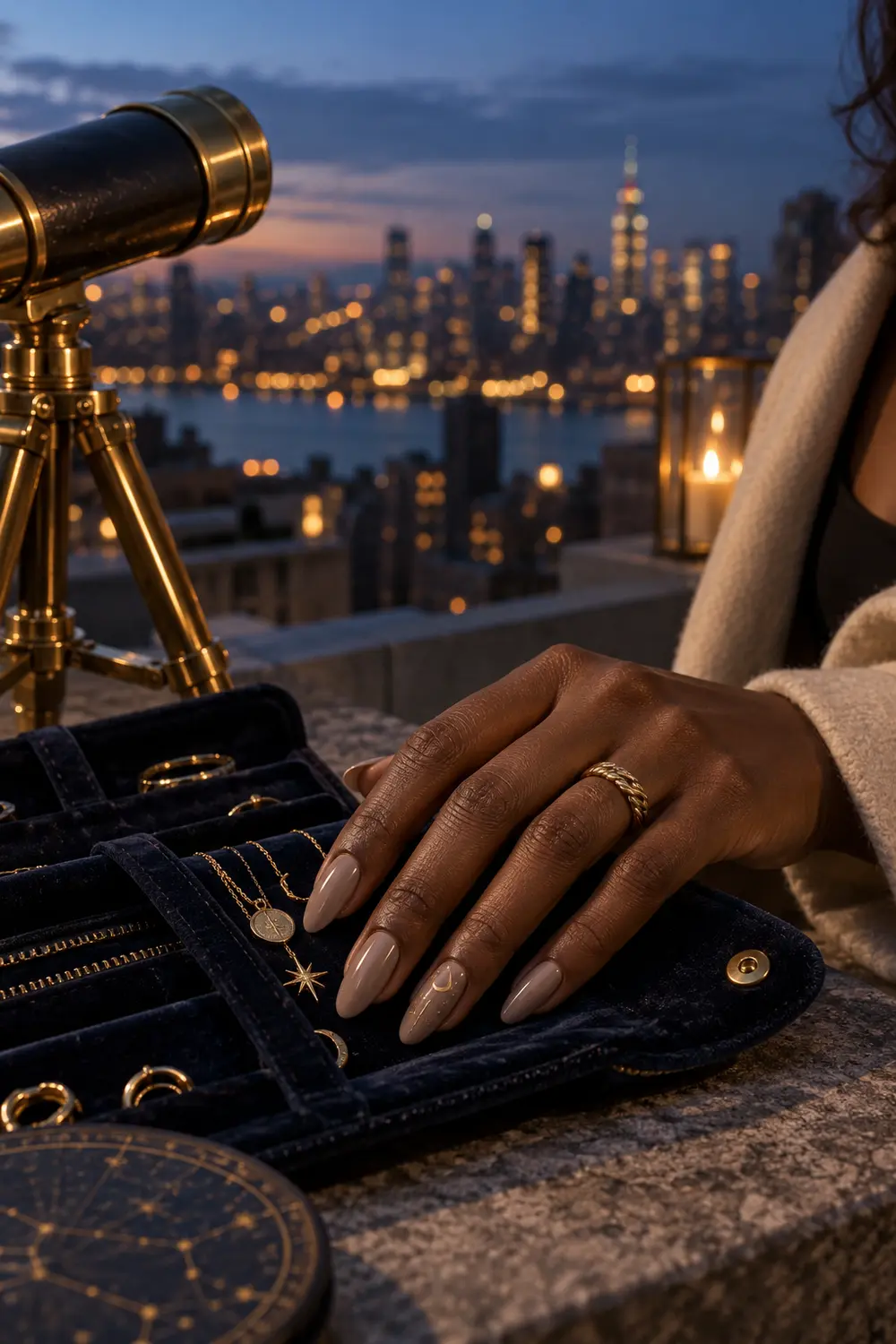 Cashmere taupe almond nails with tiny gold moons and stars