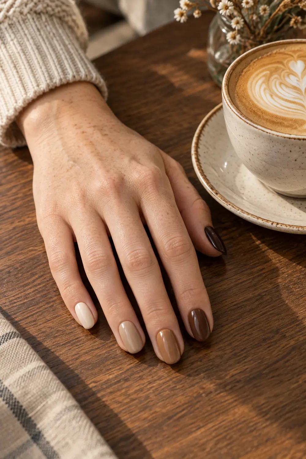 Five shade cream caramel mocha and espresso skittle nails beside a latte