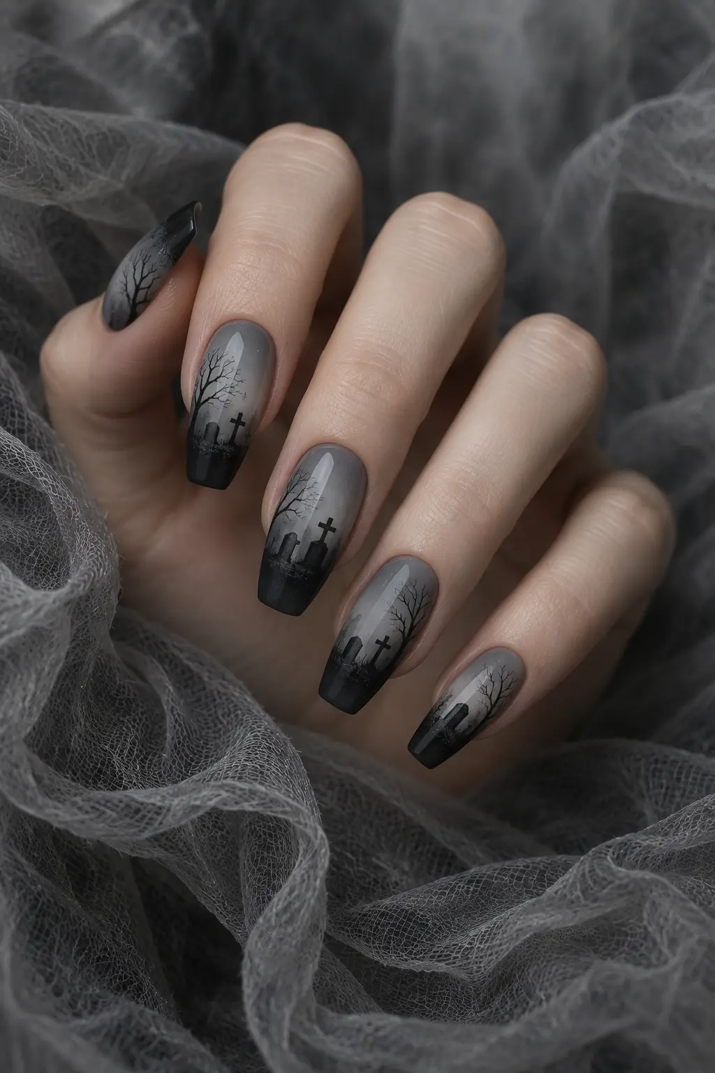 Charcoal and misty gray graveyard fog ombre nails