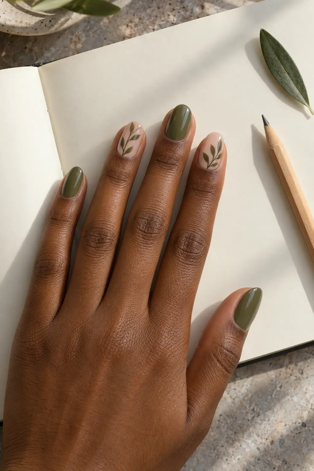 Sheer nude and solid olive nails with delicate green leaf branches
