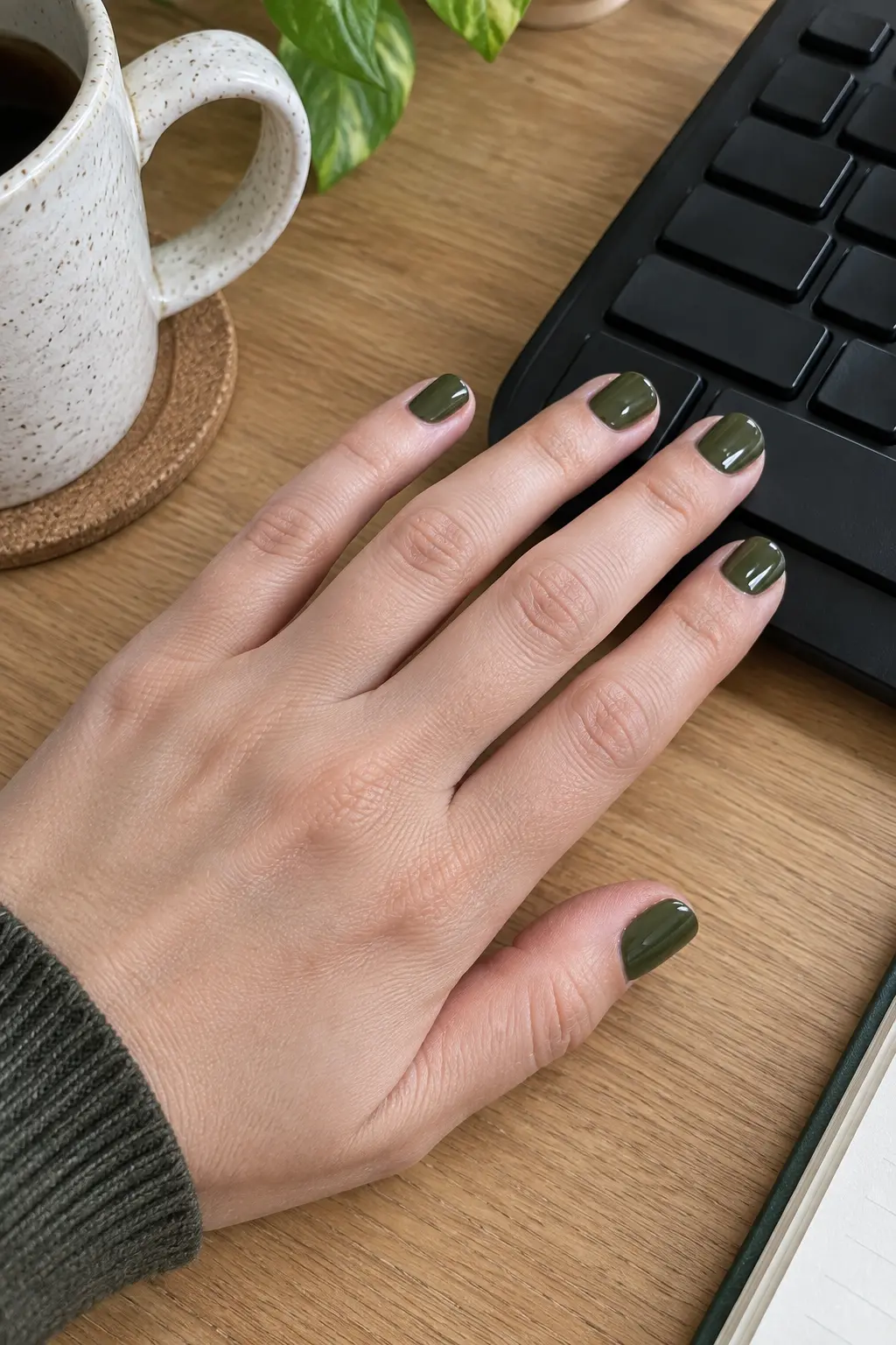 Deep olive green polish on practical short square nails