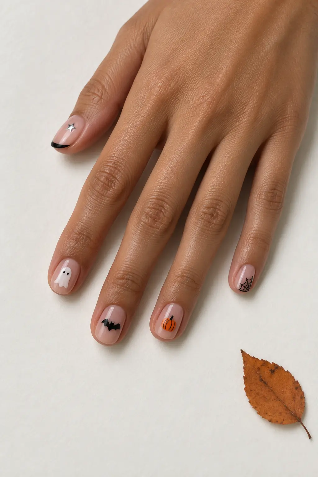 Minimal sheer nude Halloween nails with tiny mixed seasonal motifs