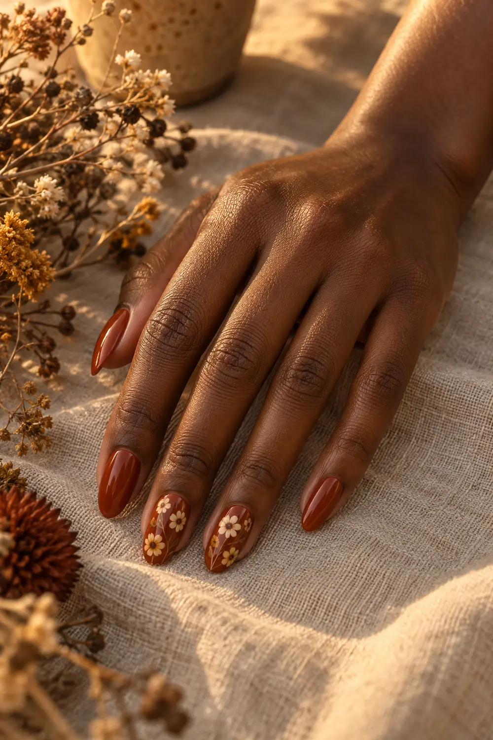 Burnt rust nails with delicate cream autumn flowers