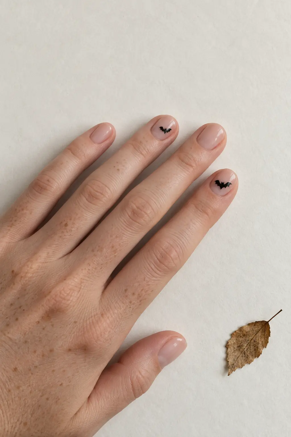 Short sheer nude nails with tiny black bat accents