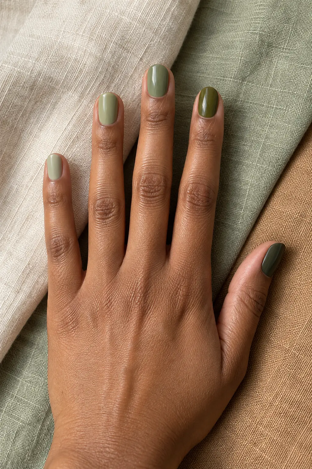 Five nail olive green skittle gradient from sage to deep khaki