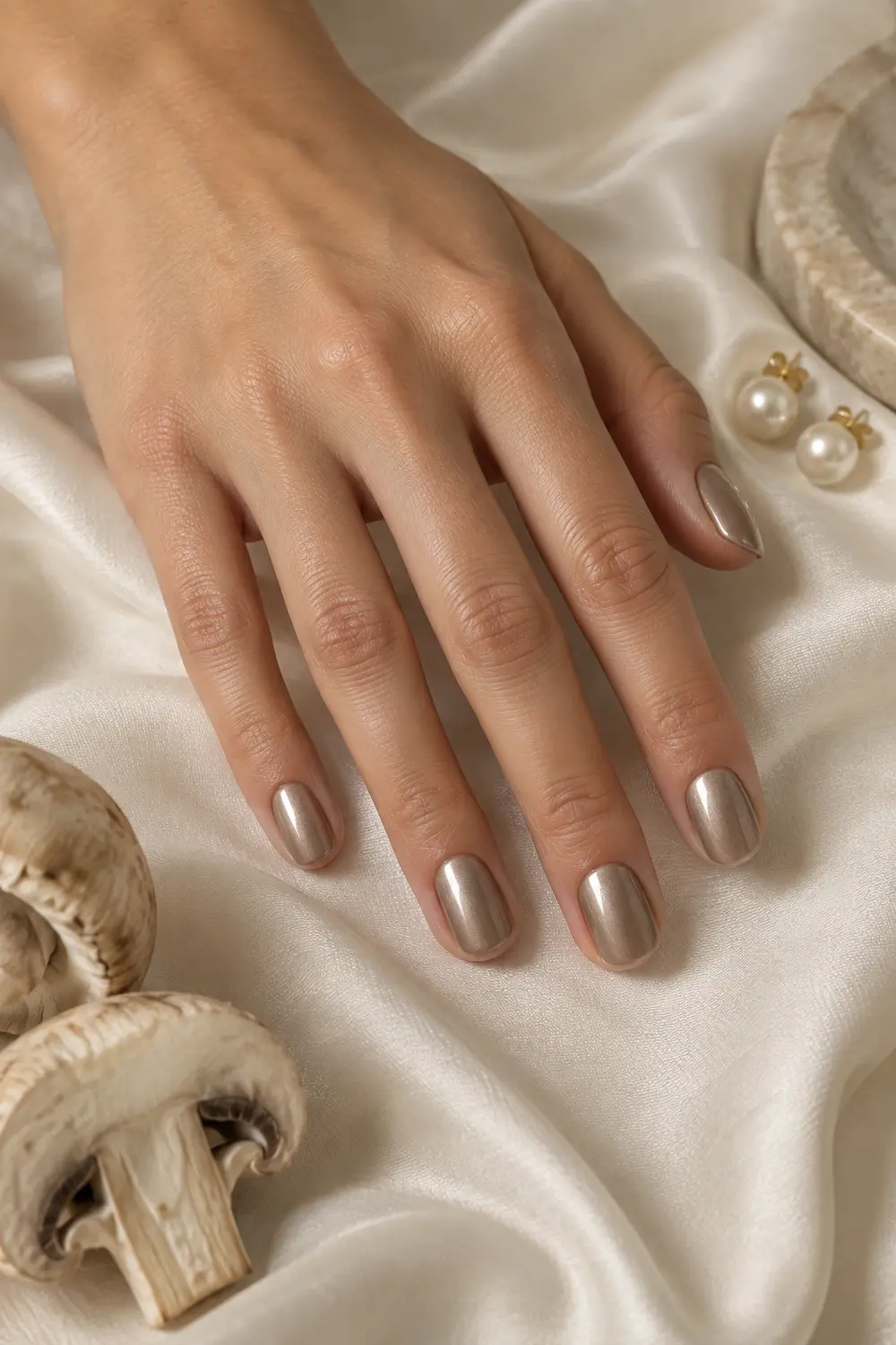Mushroom taupe nails with a soft pearl chrome finish
