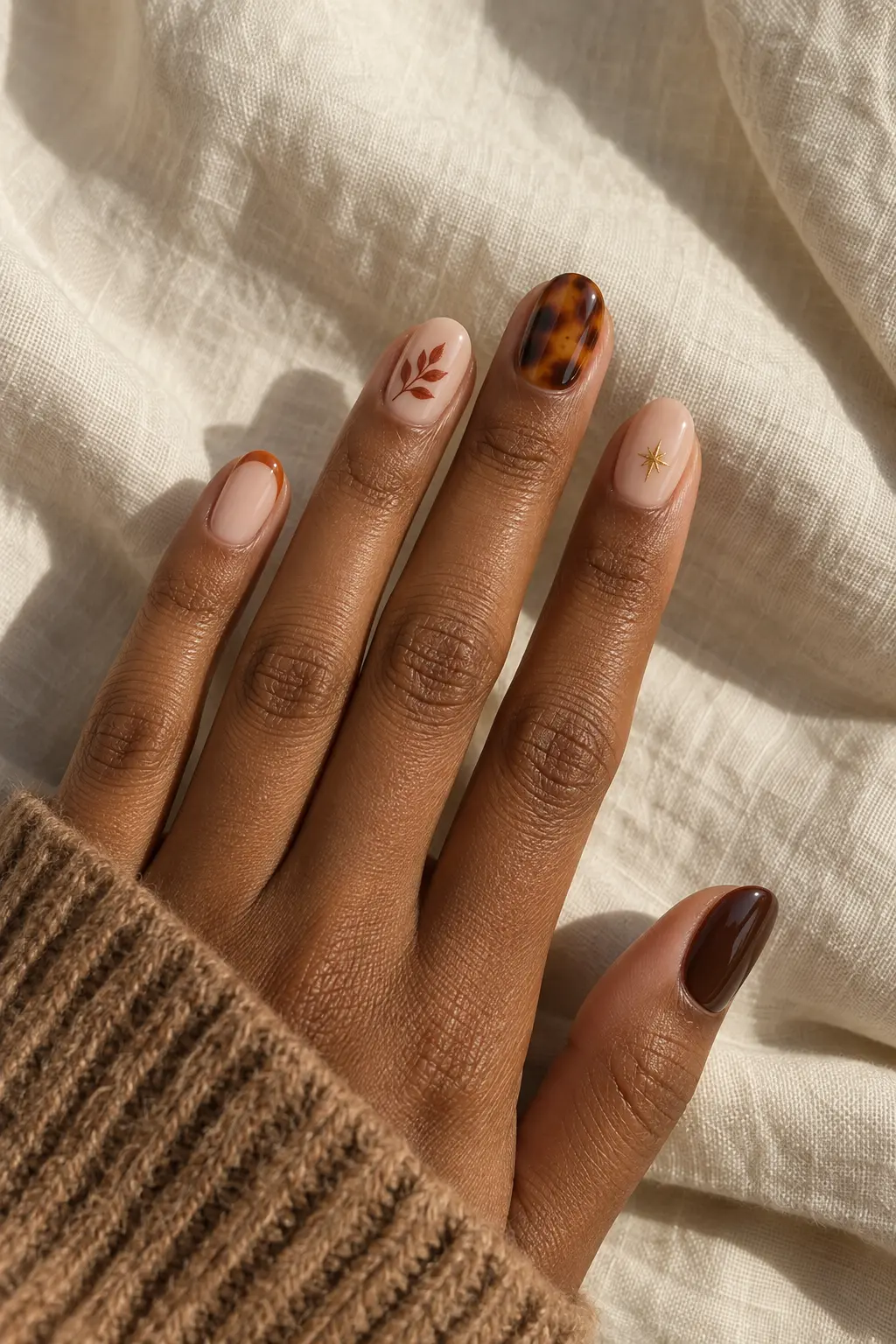 October mix and match nails with orange leaf tortoiseshell star and espresso details