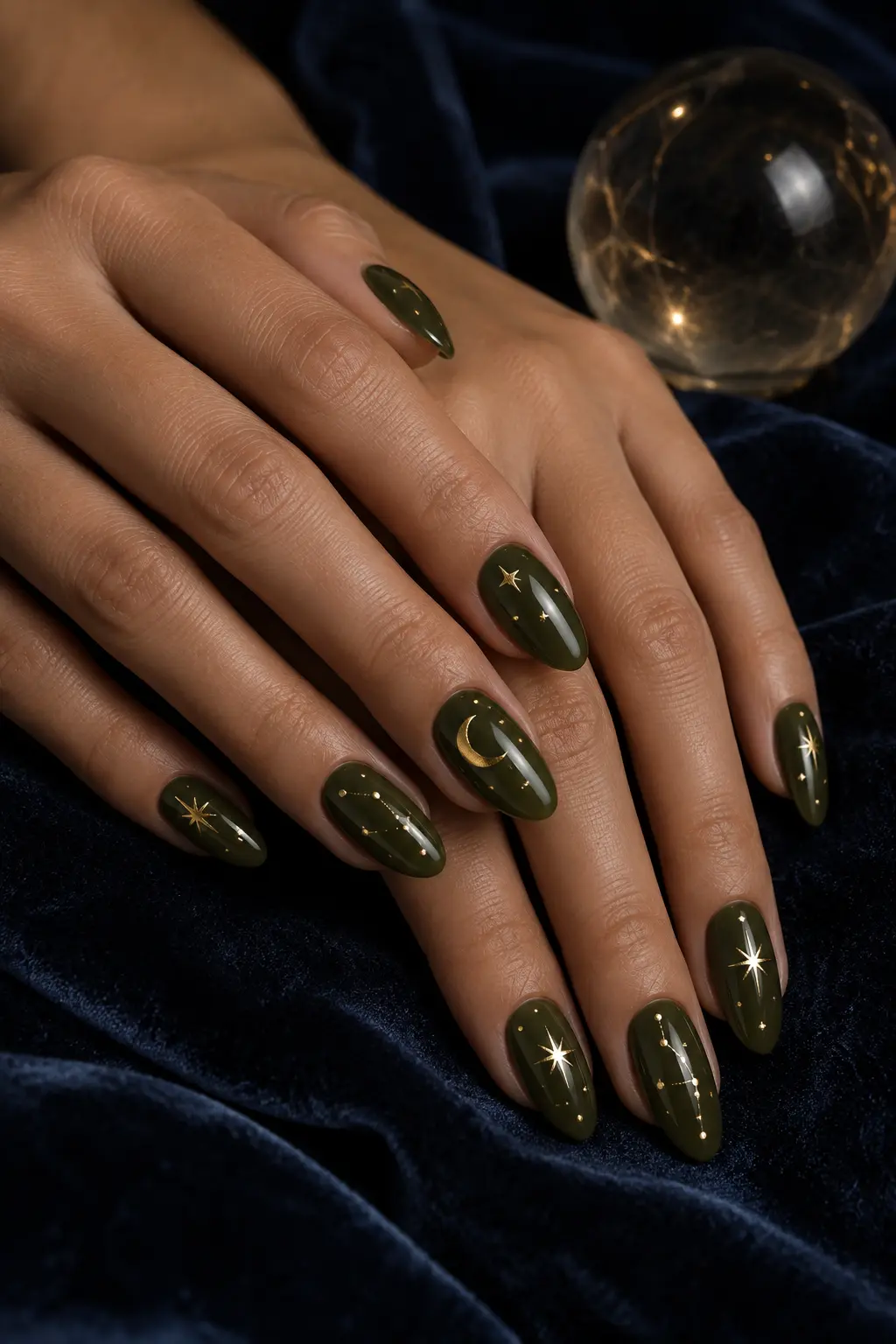 Deep olive green nails with tiny gold stars moons and dots
