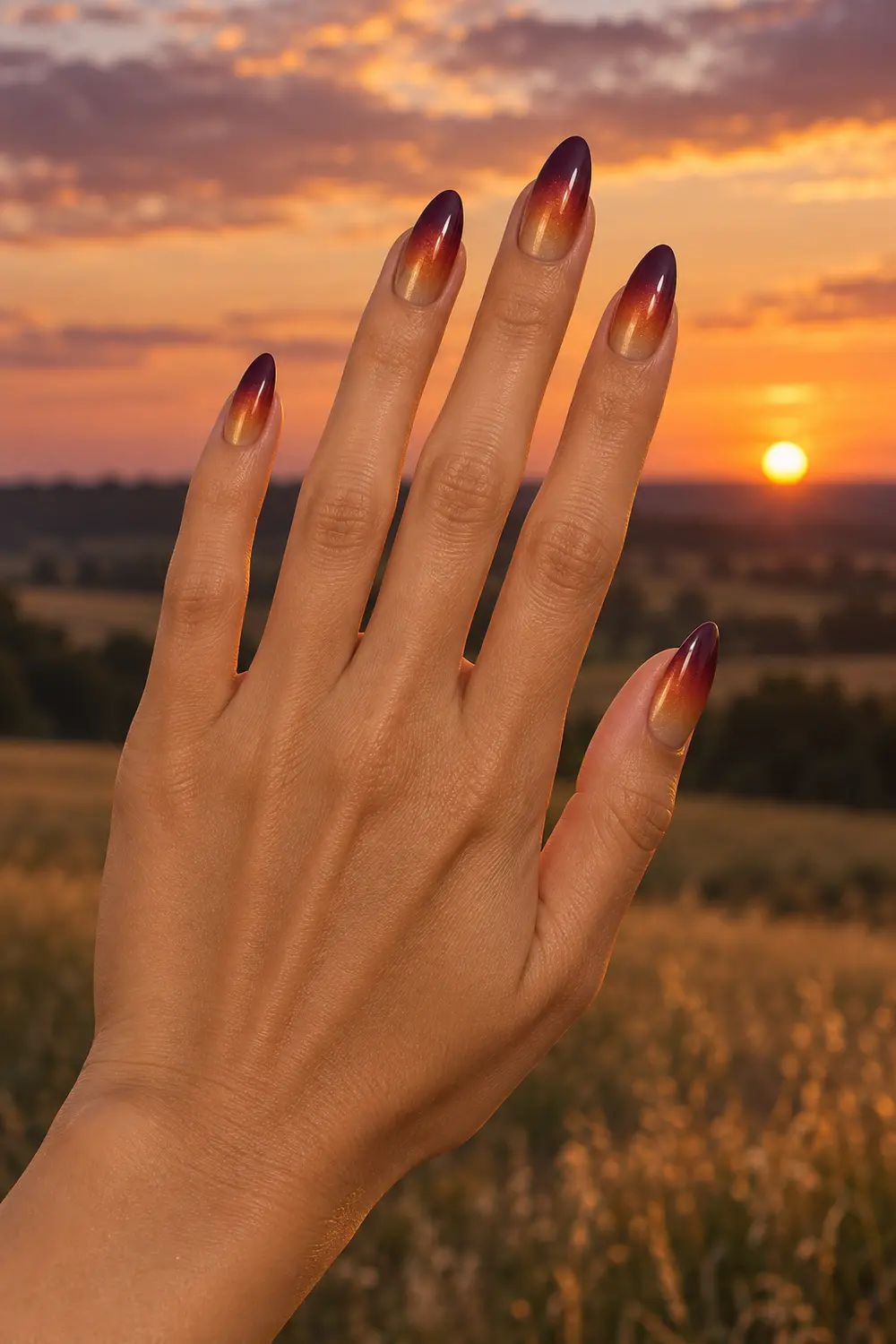 Dusty gold burnt orange and plum sunset ombre nails