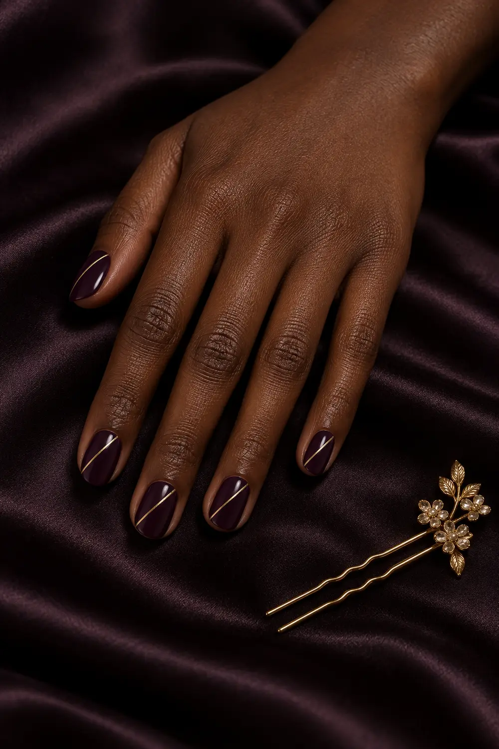 Dark plum nails with thin diagonal gold lines