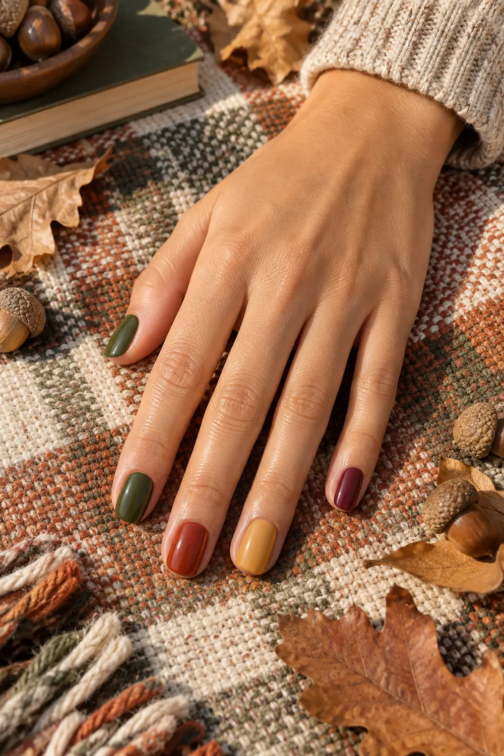 Olive rust mustard burgundy and chocolate fall skittle nails