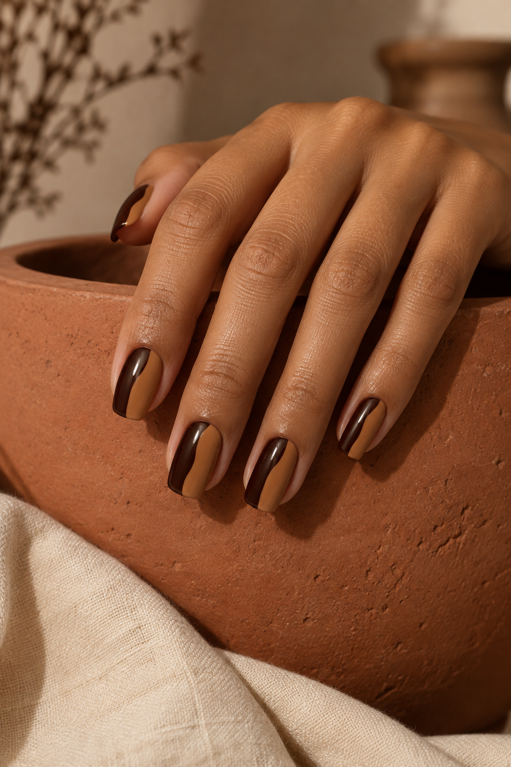 Espresso and caramel split fall nails