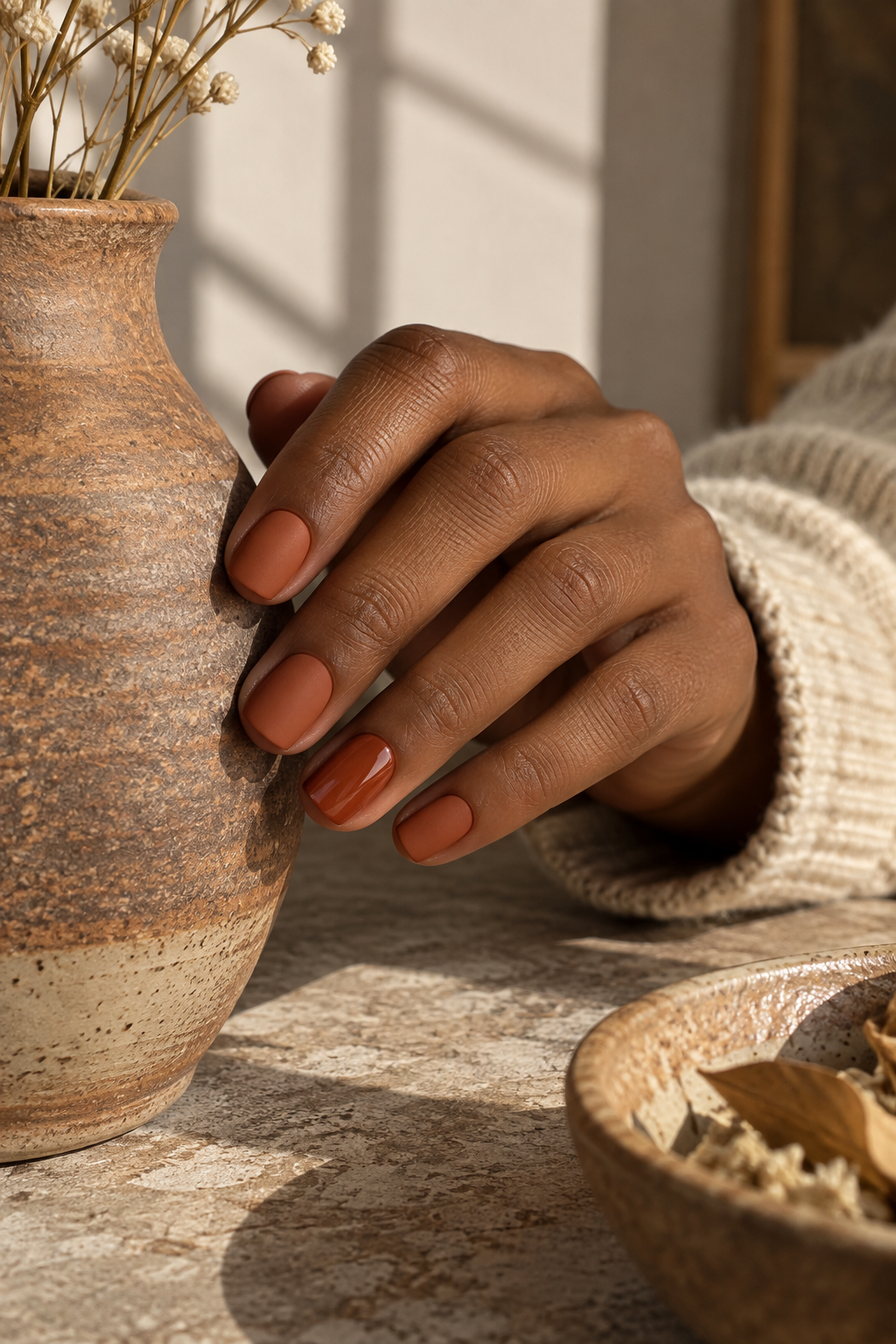 Matte terracotta fall nails with glossy accent