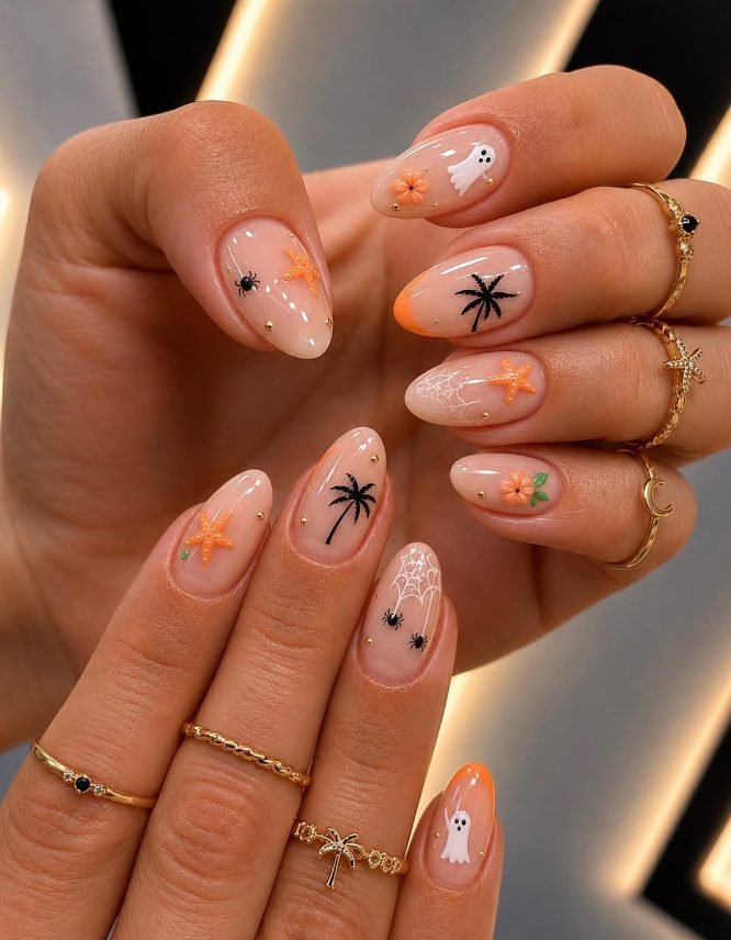 Nude almond nails with black palm trees, orange starfish, ghosts, spiders and spider webs