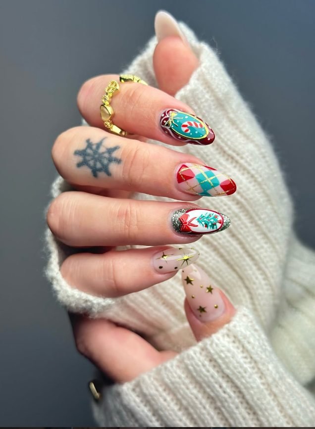 Almond nails with a red and teal candy cane cameo, red and teal argyle, a glitter-framed ornament cameo and nude nails with gold stars